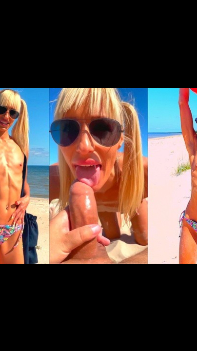 Худая блондиночка отсасывает на пляже, горячий минет